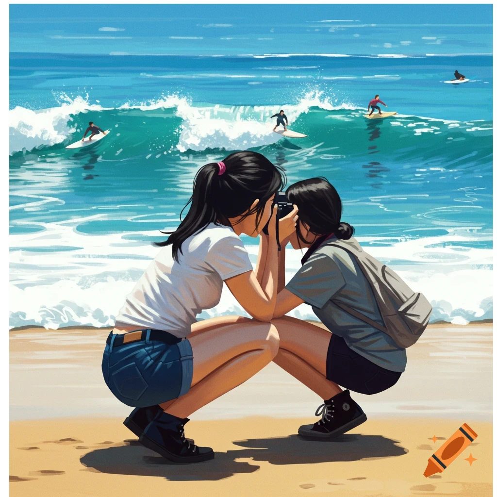 Two women crouch on a beach, one taking a photo of surfers riding waves, illustration style.