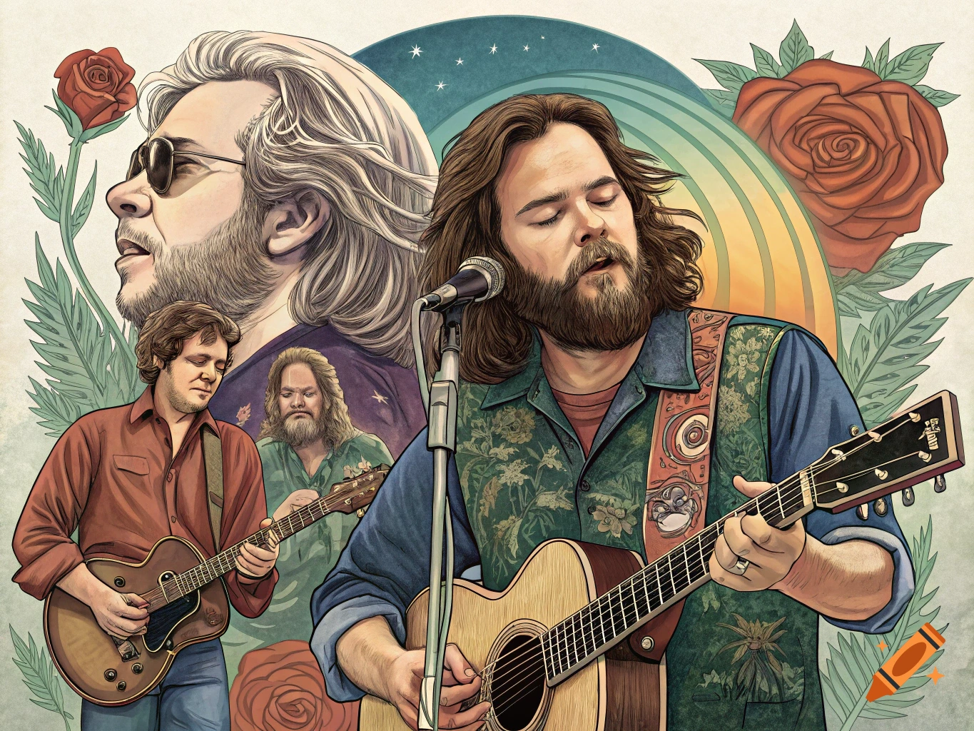 Illustration of musicians playing guitars with roses and abstract shapes in a folk art style.
