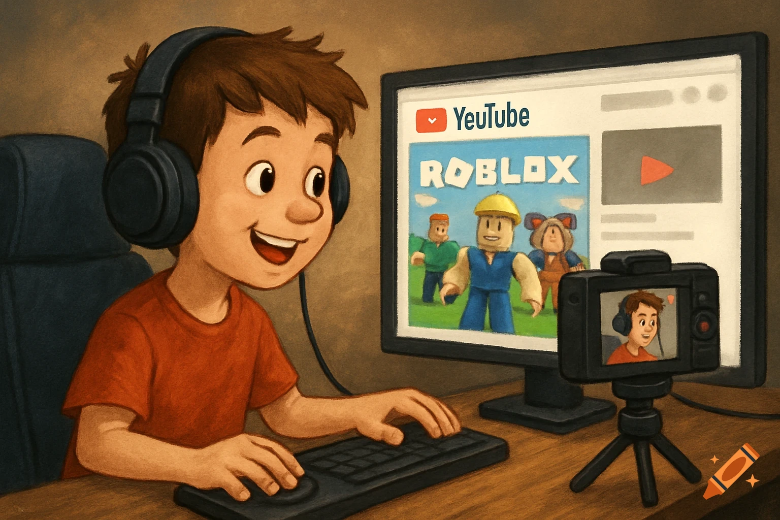 Cartoon illustration of a boy playing Roblox on a computer and recording a video.
