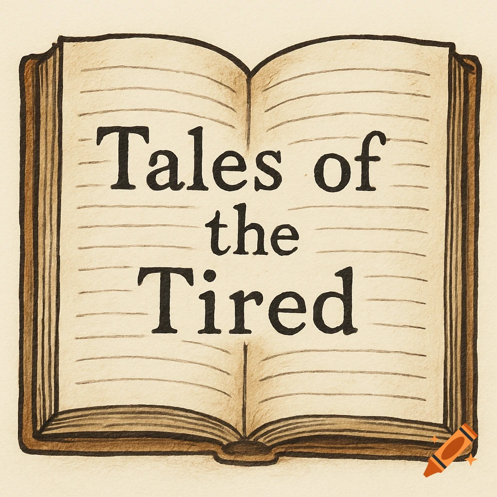 Hand-drawn illustration of an open book with 'Tales of the Tired' written on the pages.