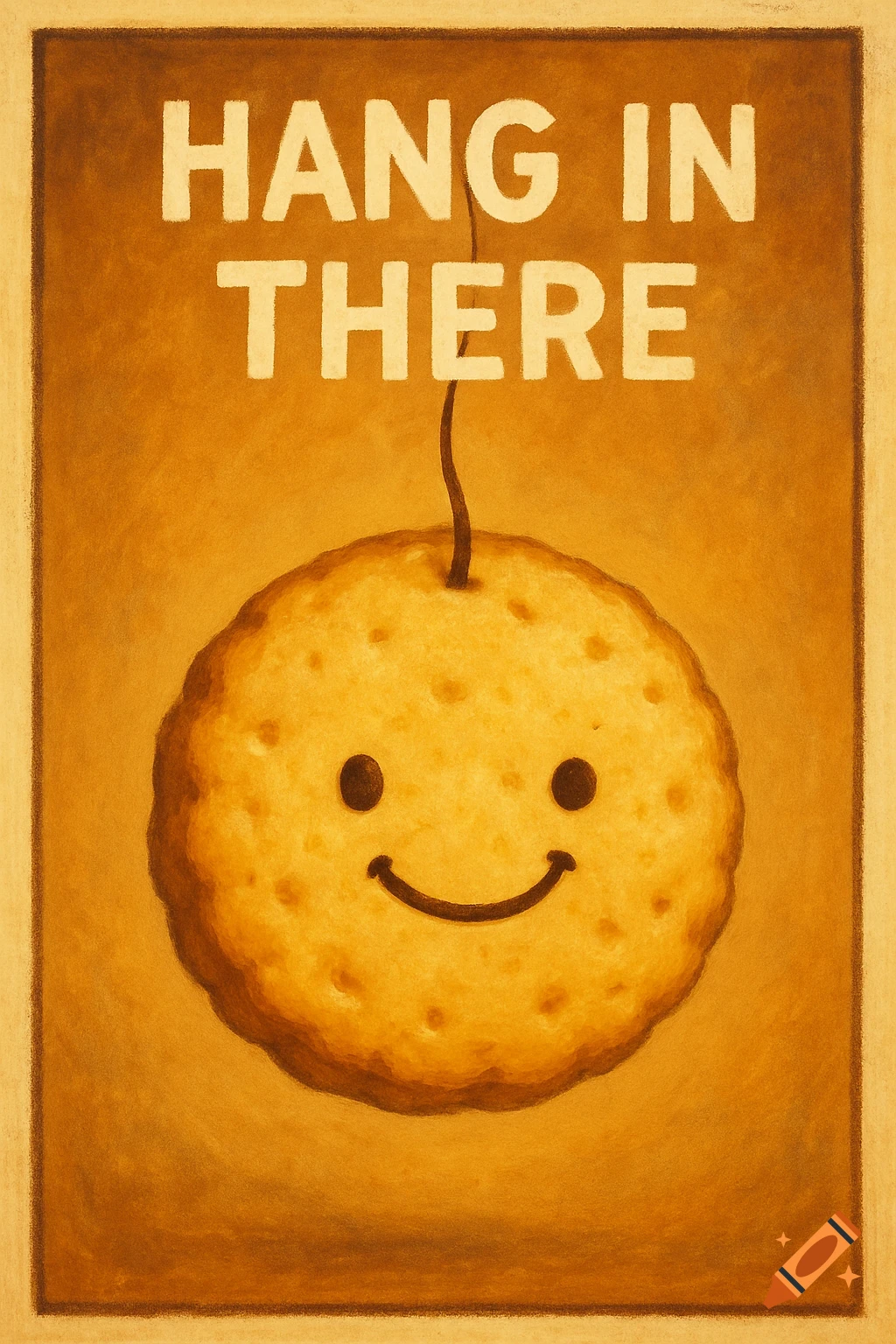 Illustration of a smiling biscuit hanging from a string with the text 'Hang In There' above it.