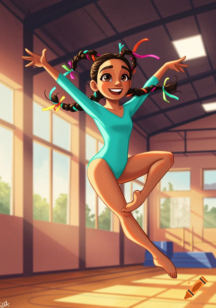 Cartoon illustration of a girl doing gymnastics.