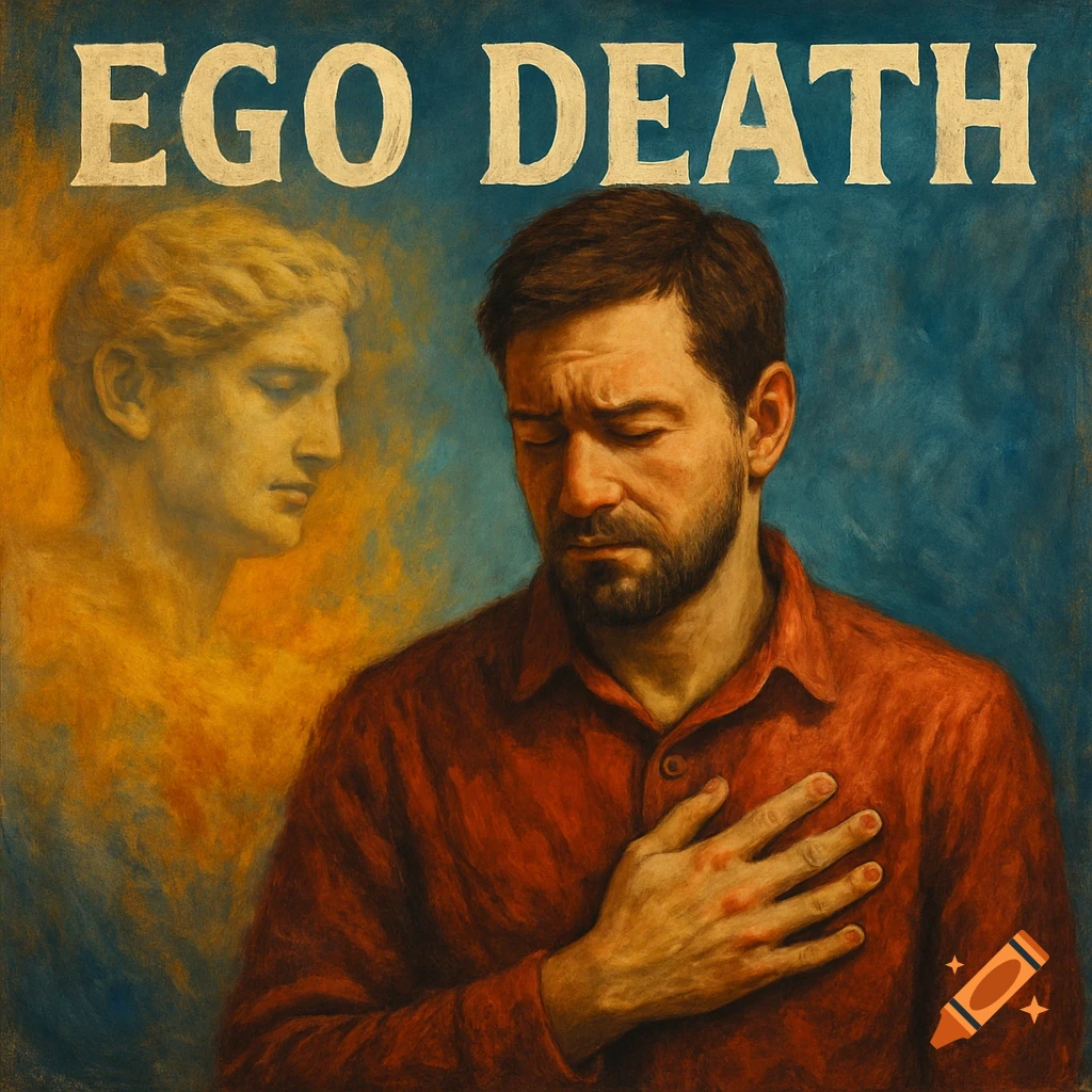Painting of a man with hand on chest, faded figure behind him, text 'EGO DEATH' above.