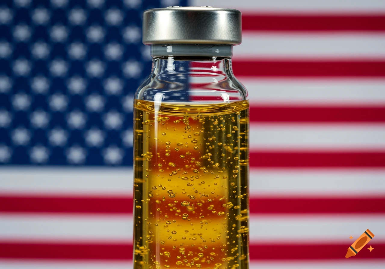 A close-up of a vial containing golden liquid and bubbles in front of an American flag.