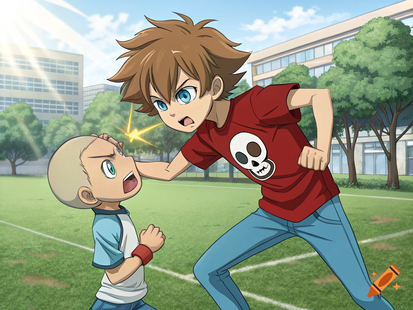 Anime style illustration of a boy punching another boy on a grassy field outside a school building.