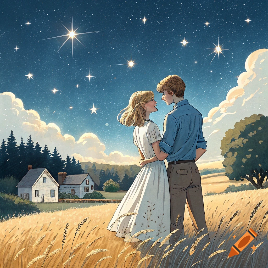 Illustration of a couple embracing in a wheat field under a starry sky ...