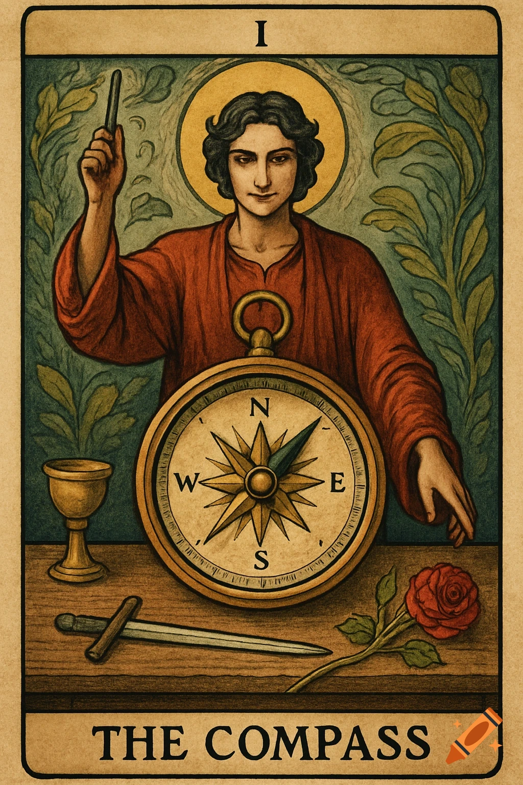 Tarot card illustration of a figure behind a compass, chalice, dagger, and rose.