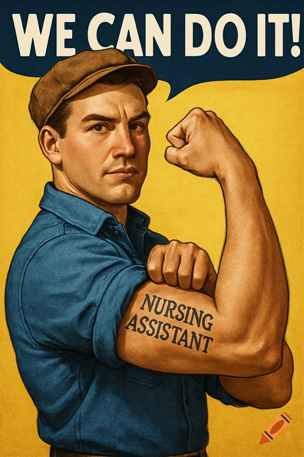Male figure in vintage style flexing arm, text "NURSING ASSISTANT" on arm, "WE CAN DO IT!" above, yellow background.