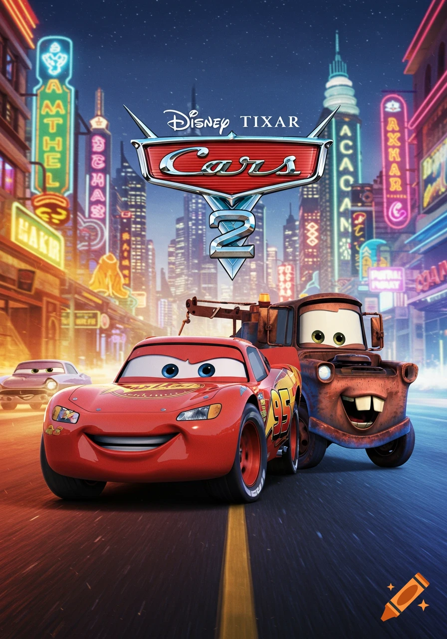 Lightning McQueen and Mater pose in a city street at night for the Cars 2 movie poster.