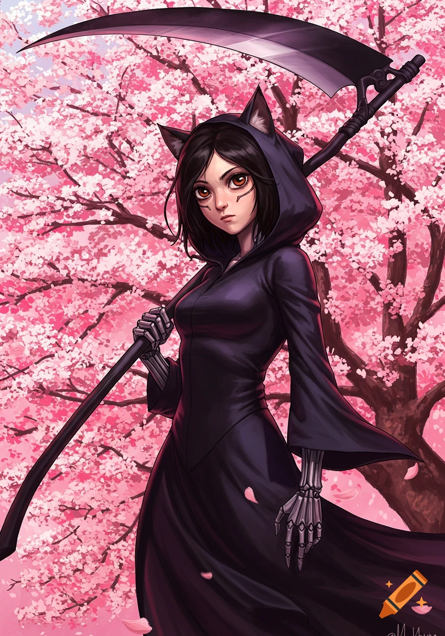 Cat girl Alita as a reaper holding a scythe in front of a cherry blossom tree.