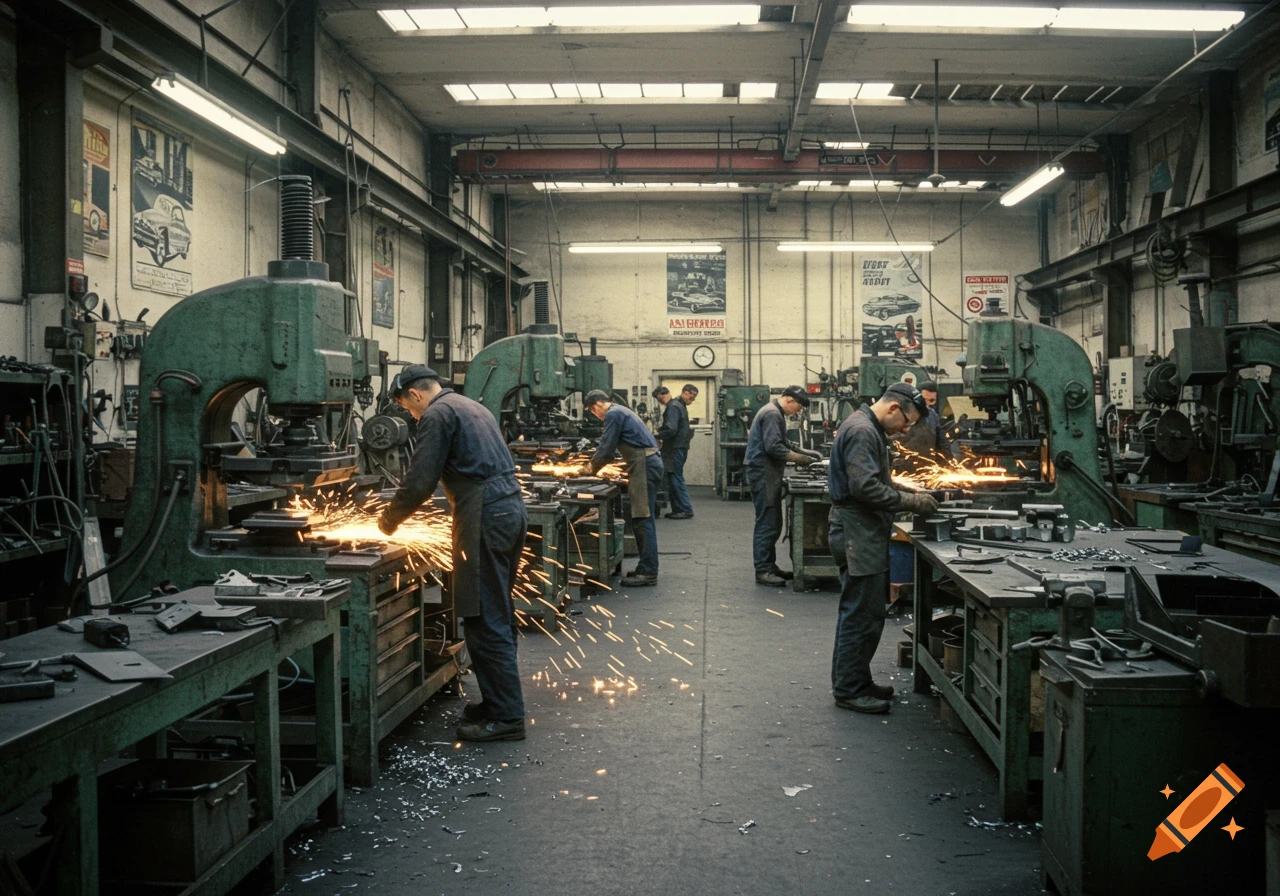 Workers operating machinery in a 1960s sheet metal shop with sparks flying.