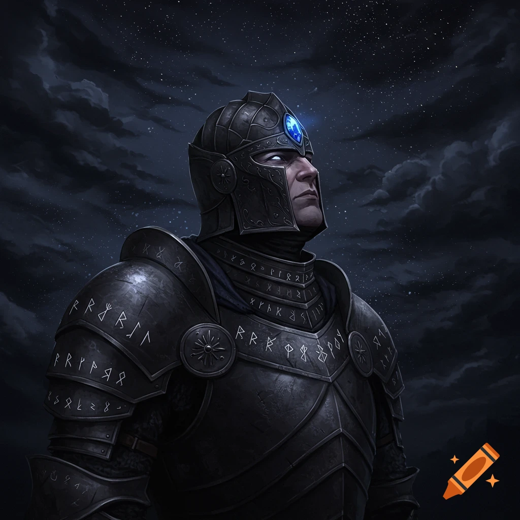 Dark fantasy knight in runic armor looking at starry night sky