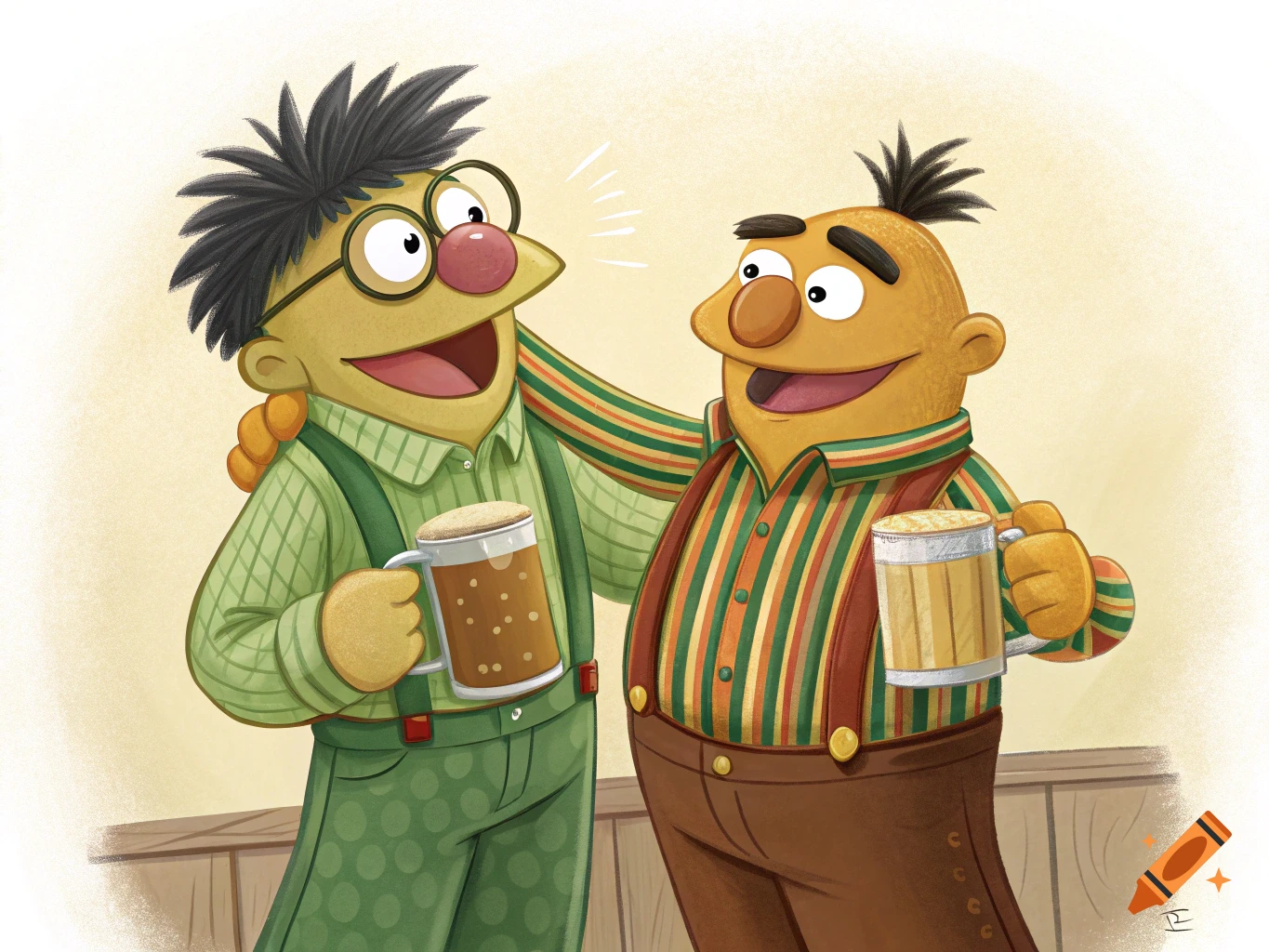 Cartoon illustration of Bert and Ernie smiling and holding mugs of beer.