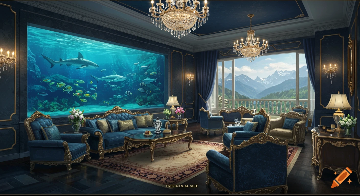 Luxurious hotel suite with large aquarium wall and mountain view window.