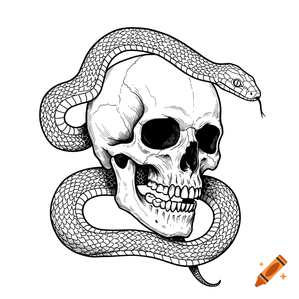 Line drawing of a skull with a snake wrapped around it