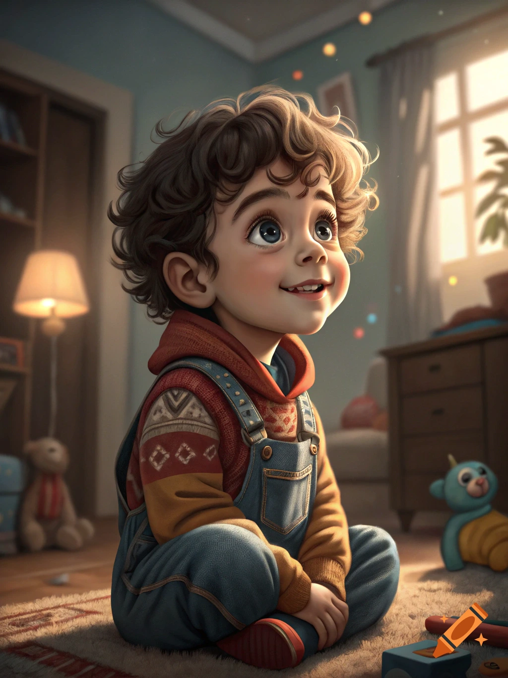 A young child sits on a rug in a playroom, looking up and smiling. Toys are visible.