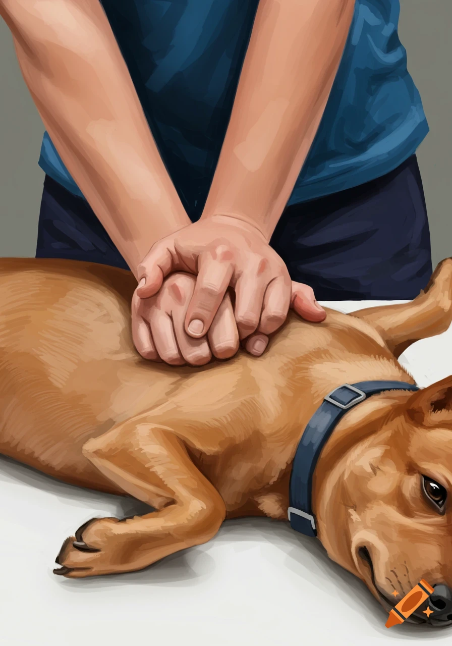 Digital painting of hands performing CPR on a dog.
