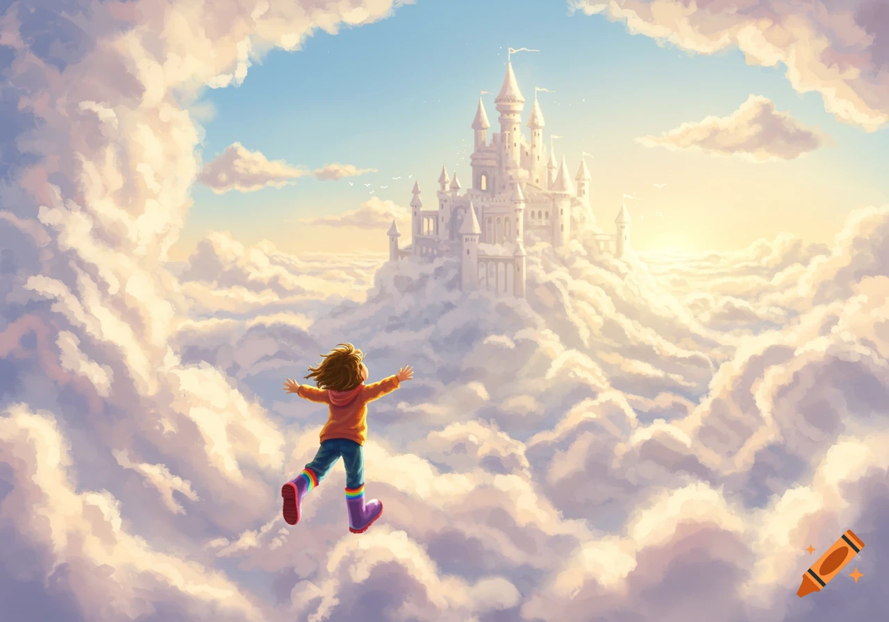 A cheerful child floats towards a magical cloud castle in a dreamy sky.