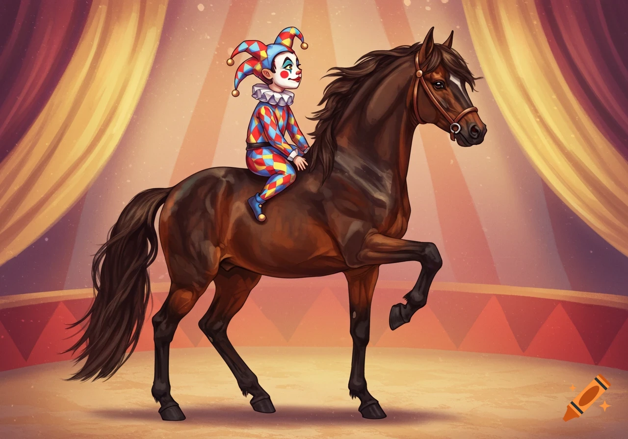 Illustration of a harlequin riding a horse in a circus tent