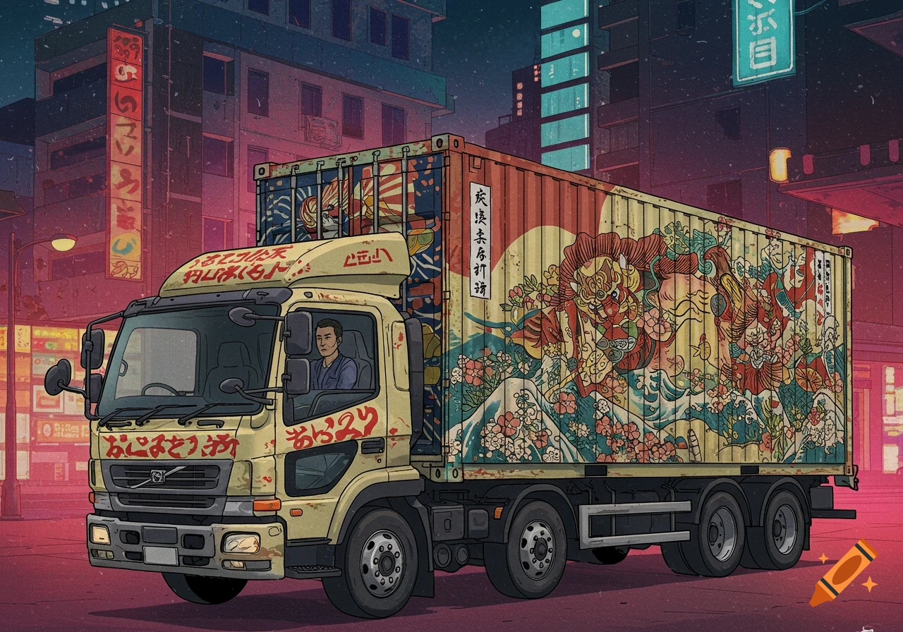 An illustration of a container truck decorated with traditional Japanese art, parked on a city street at night.