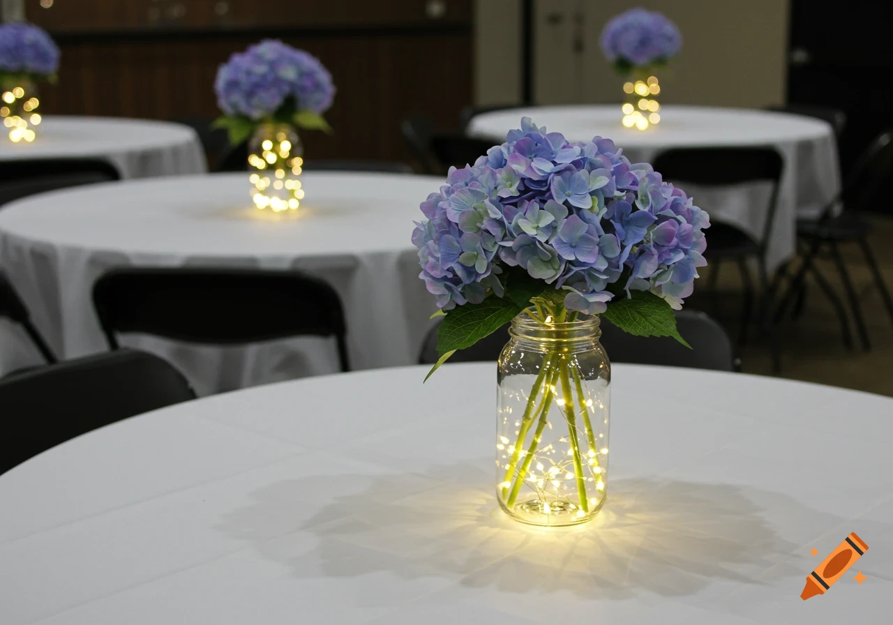 Close-up of a table centerpiece with blue hydrangeas in a mason jar filled with fairy lights. Other decorated tables are blurred in the background.