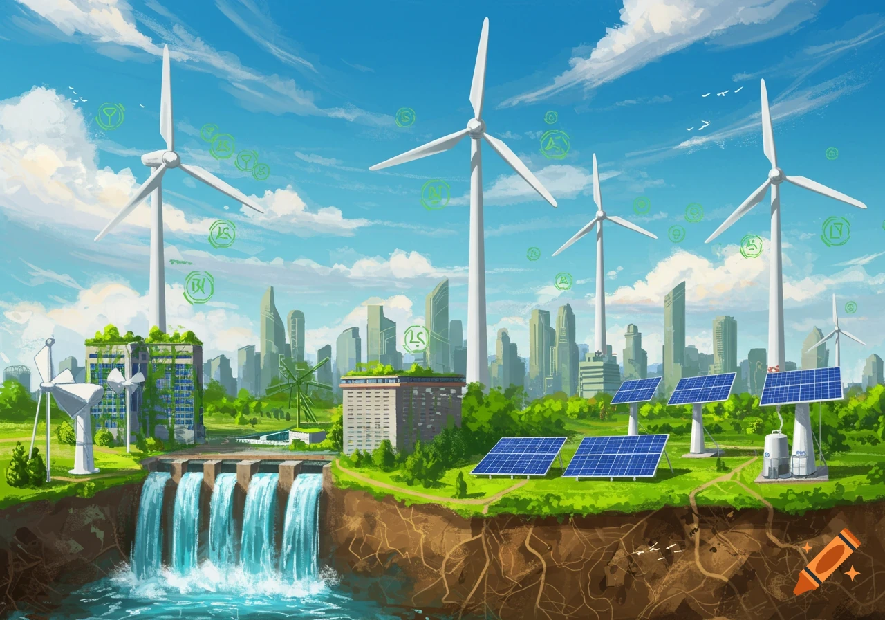 An illustration of a future city powered by renewable energy sources including wind turbines, solar panels, and a hydroelectric dam.