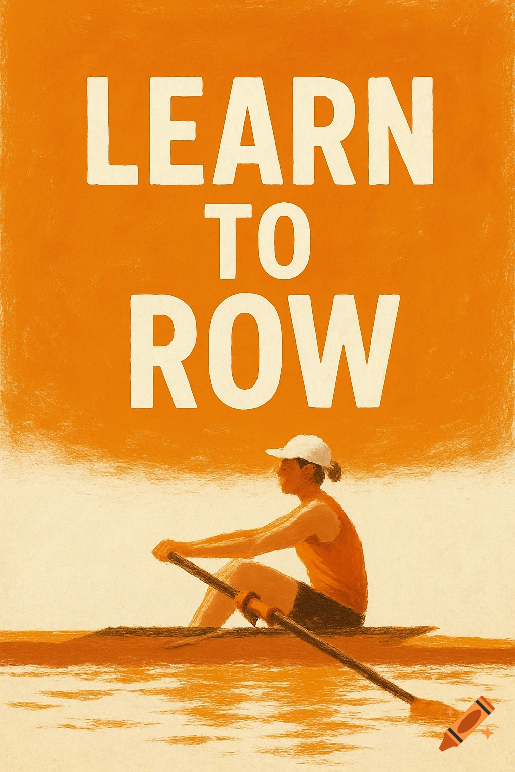 Illustration of a person rowing with the text 'LEARN TO ROW' on an orange background.