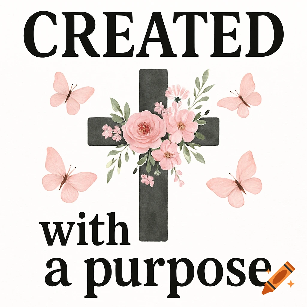 Watercolor cross with pink flowers and butterflies and text 'CREATED with a purpose'.