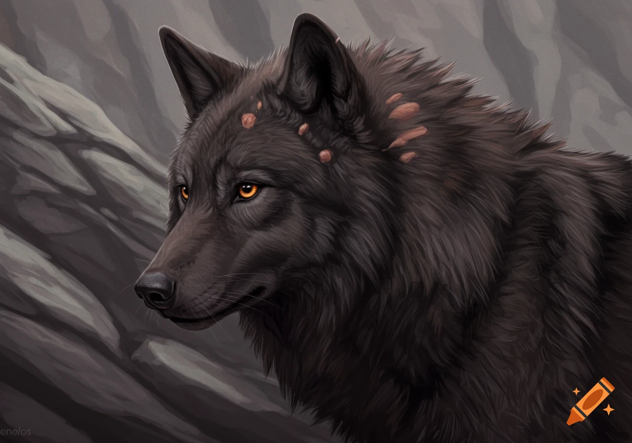 Close-up painting of a dark wolf with patchy fur on its head and shoulders, looking left.