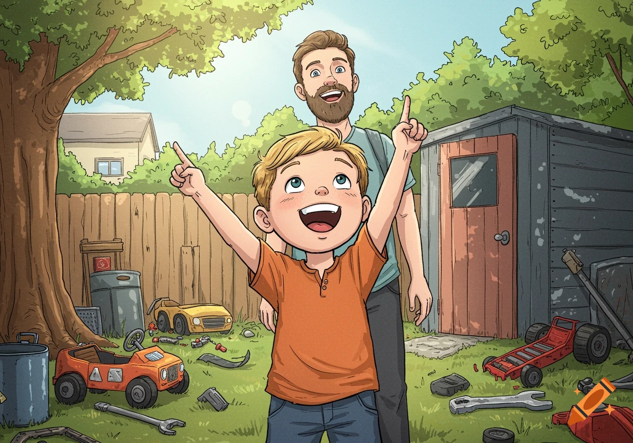 A smiling boy and his dad point up excitedly in a backyard filled with toy parts.