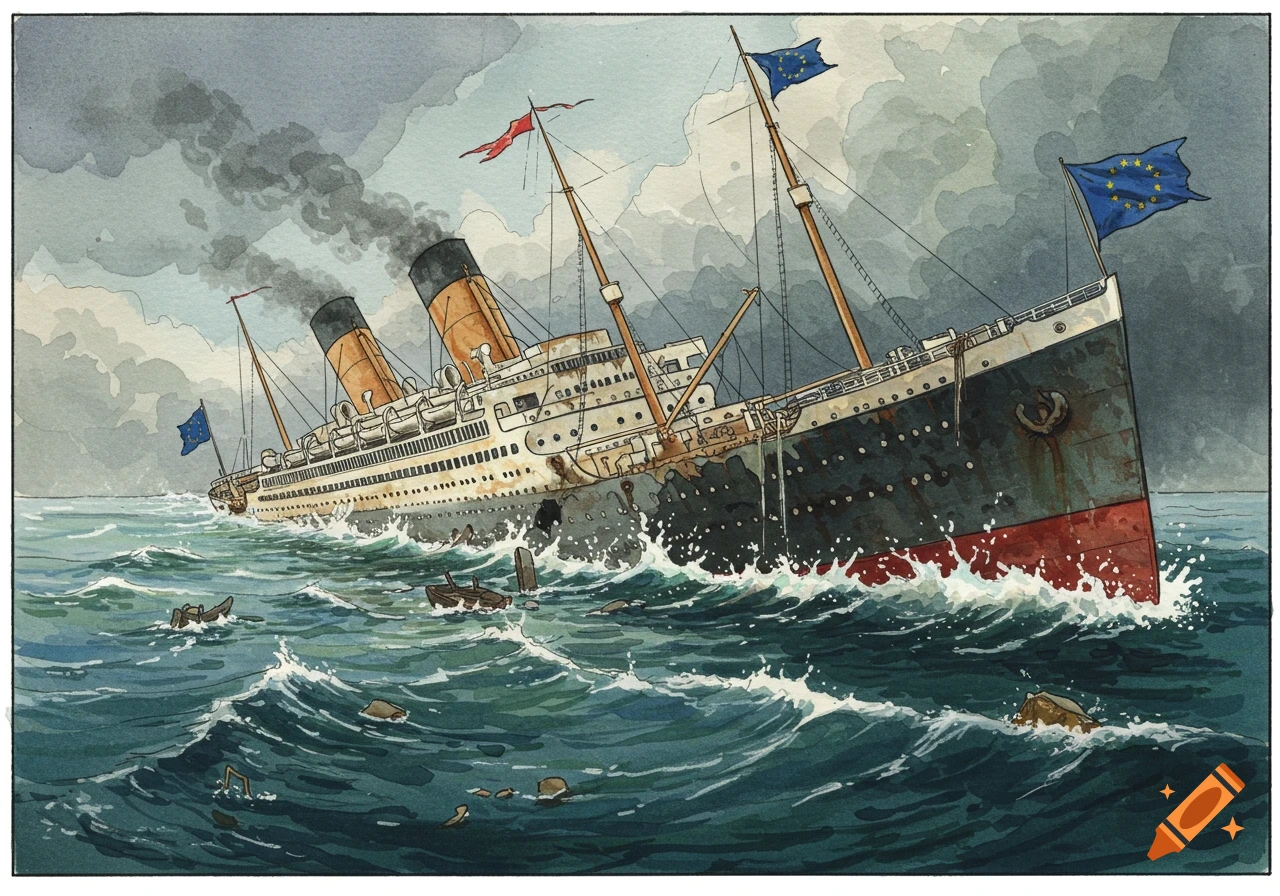 Watercolor illustration of a large ship resembling the EU flag sinking in rough seas.