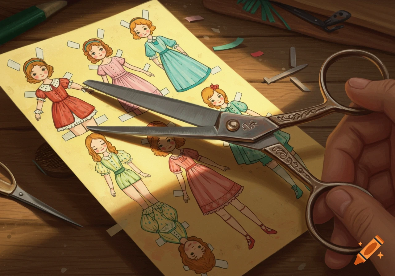 A hand cuts out paper dolls on a yellow sheet with scissors on a wooden table.