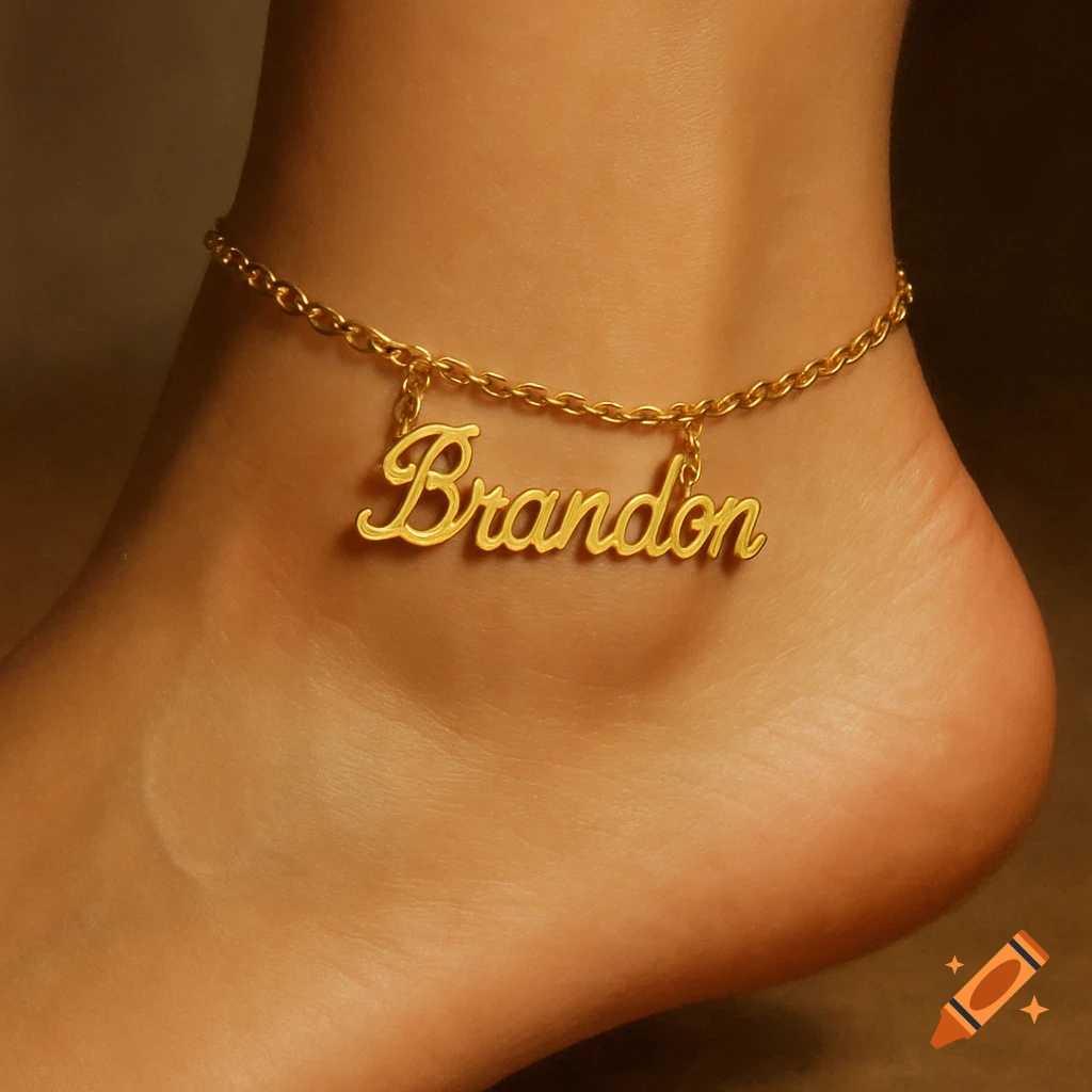 Close-up of an ankle wearing a gold nameplate anklet that reads 'Brandon'.
