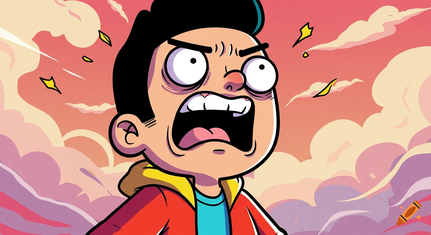 A close-up cartoon illustration of a young man with an angry, exaggerated expression.