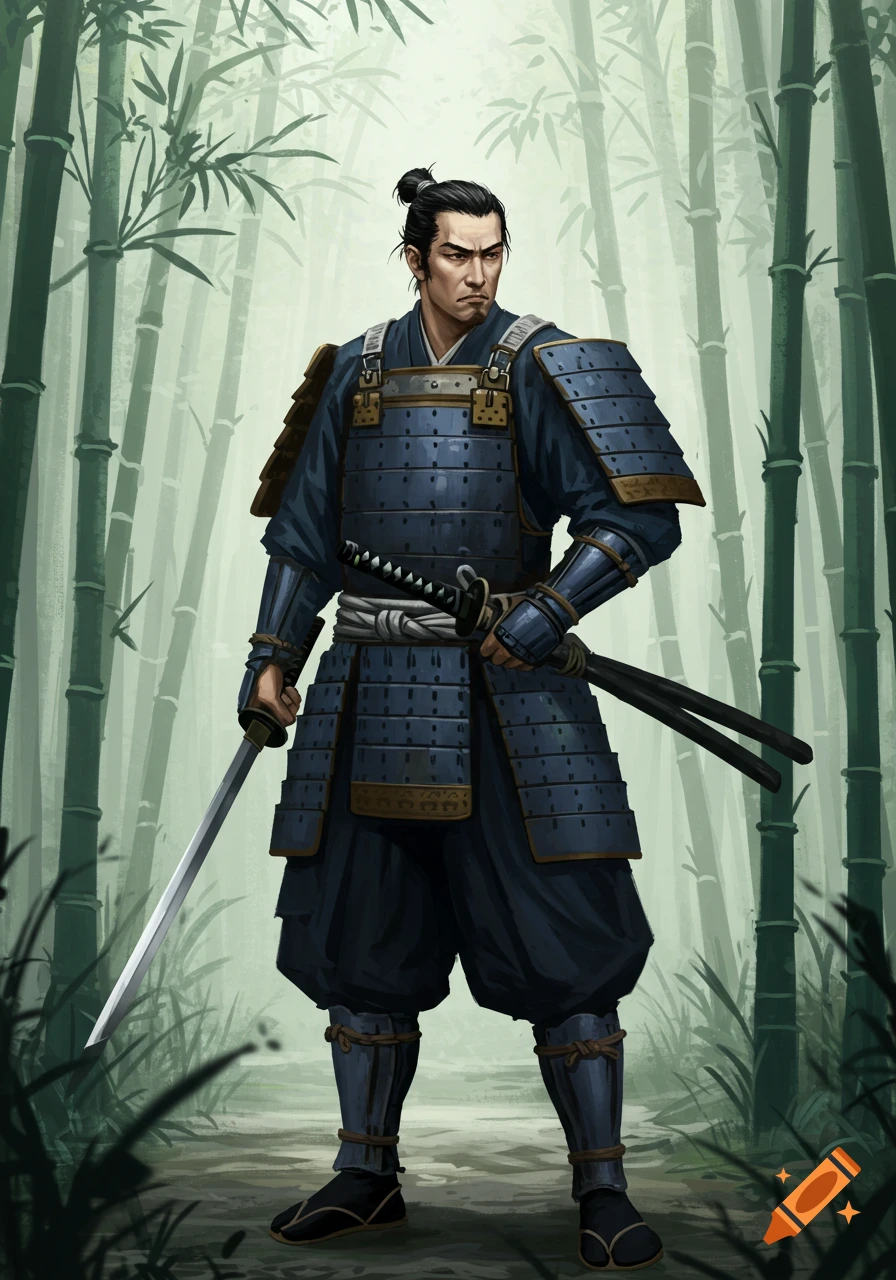 A samurai in armor stands in a bamboo forest, holding swords.