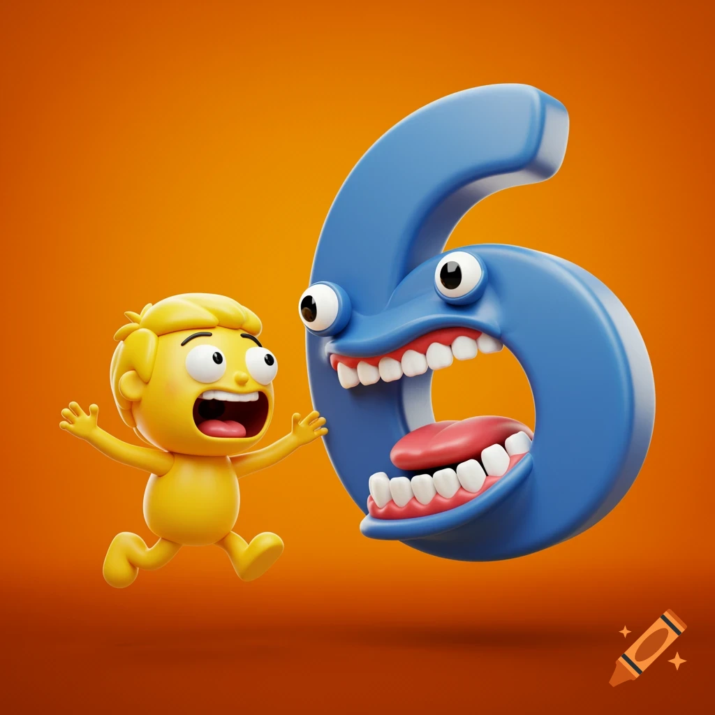 A scared cartoon yellow character runs from a large, blue, hungry number 6 in a 3D render.