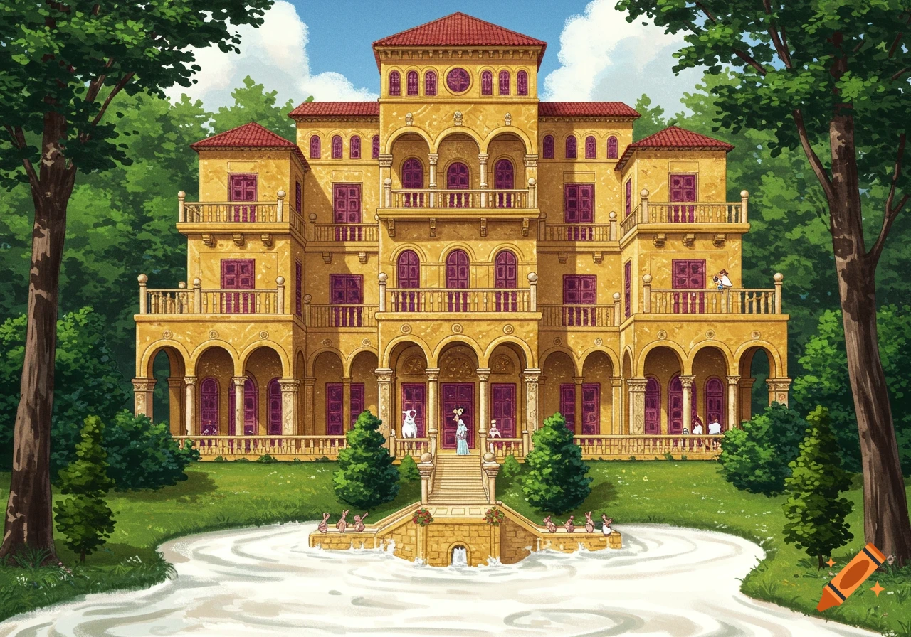 A large, multi-story mansion with grand balconies sits beside a white river, surrounded by trees.