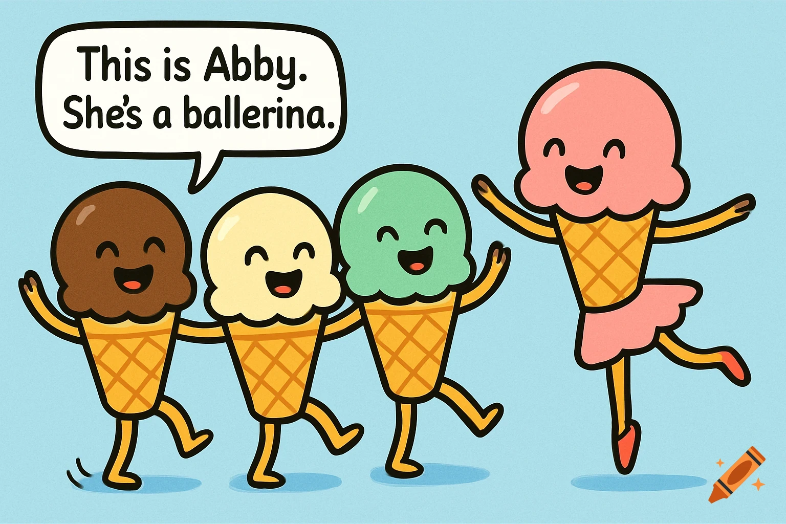 Cartoon of four happy ice cream cones dancing, one pink cone has a speech bubble.