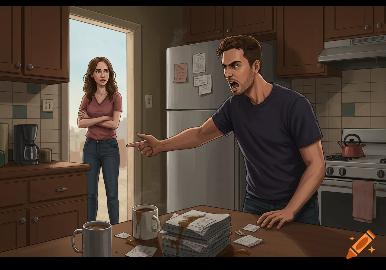 Illustration of a man shouting and pointing at a woman in a kitchen where coffee is spilled on papers.