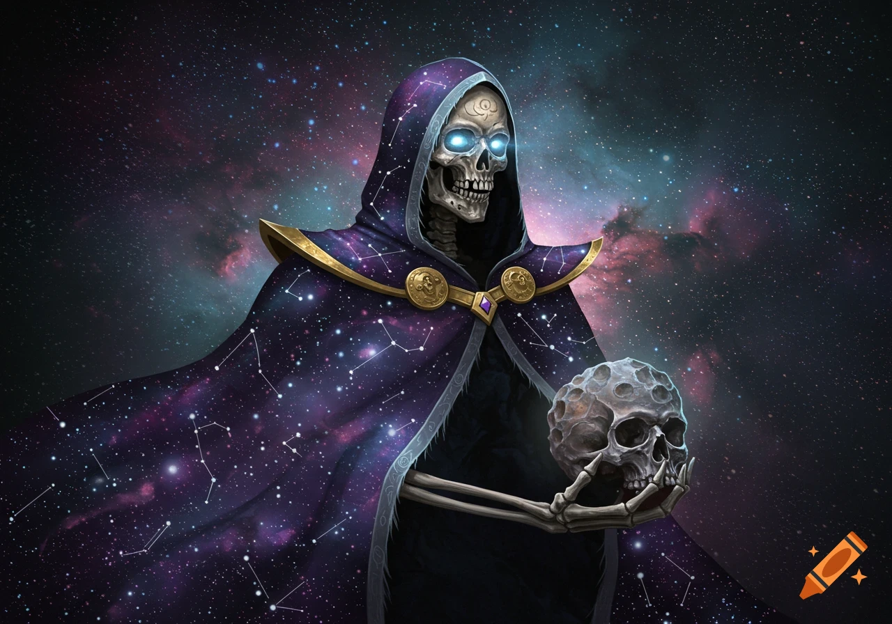 A cosmic lich in a starry cloak holding a skull against a galaxy background.