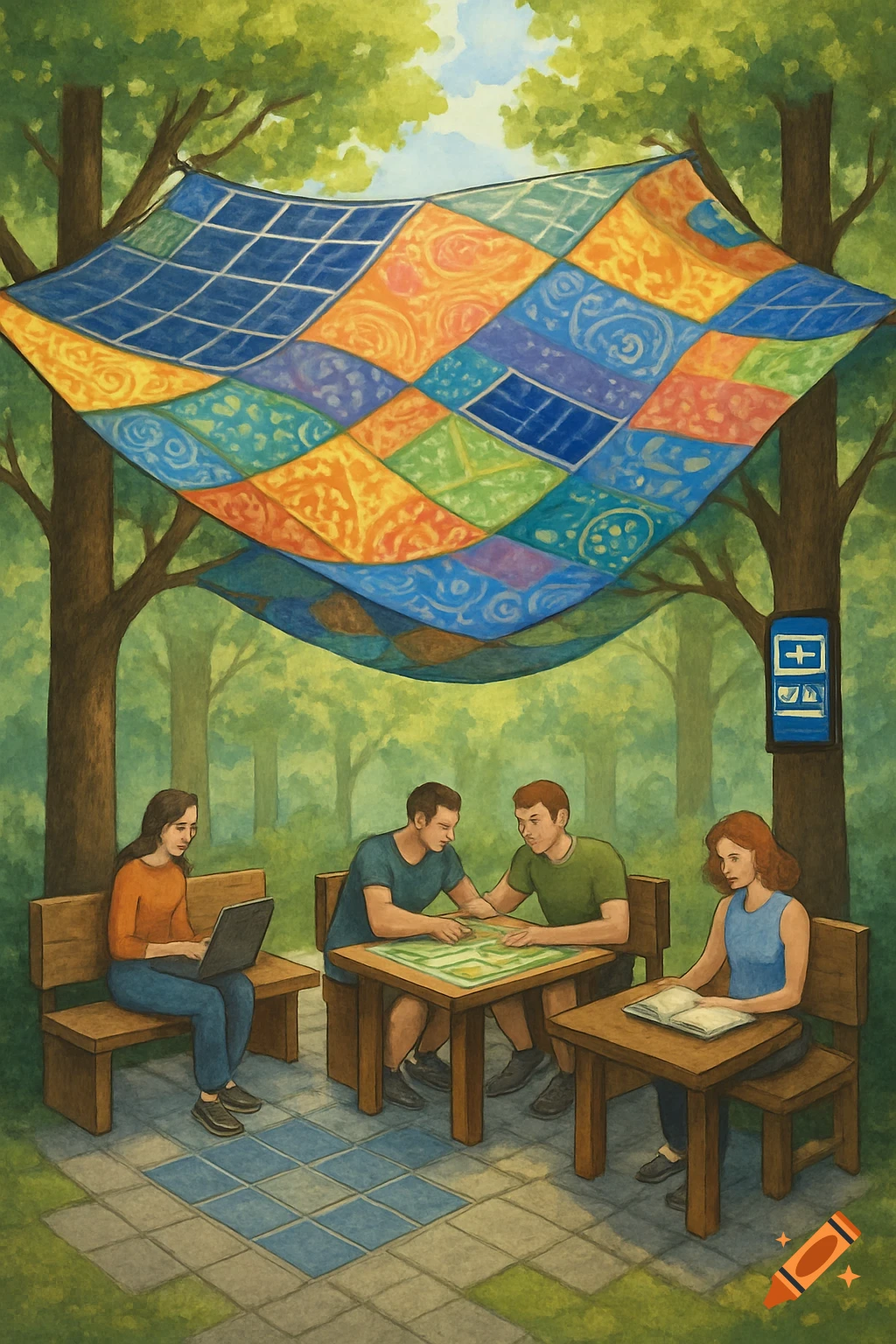 People gather under a colorful canopy in a park, some working on a laptop or playing a game. Painterly style.