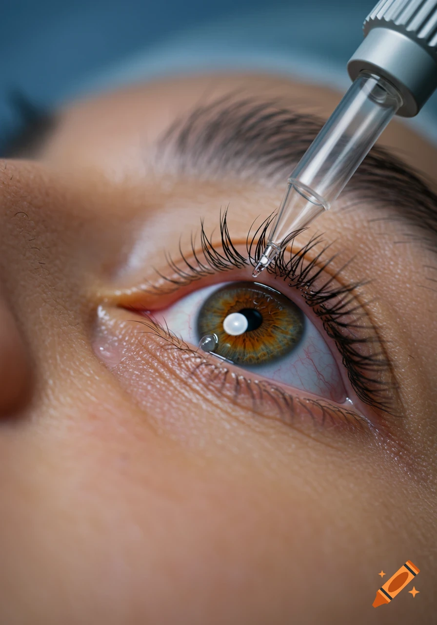 Close-up of an eye receiving drops from a pipette.