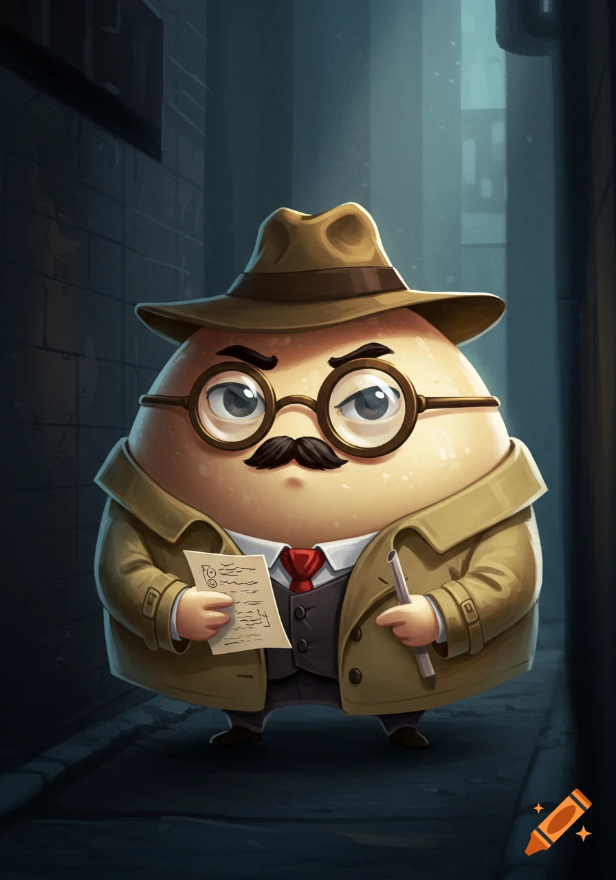 A cartoon dumpling dressed as a detective in a trench coat and hat holding a note in a dark alley.