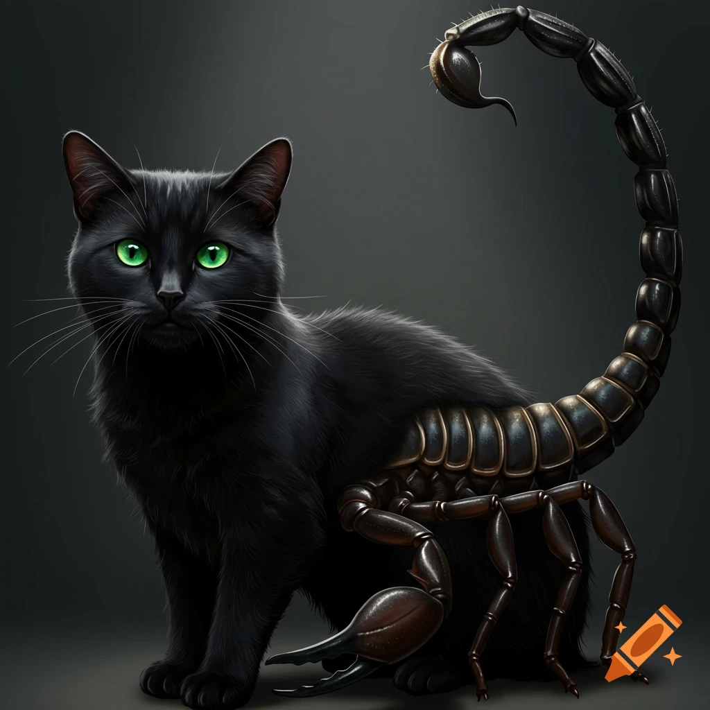A black cat with a scorpion tail sitting