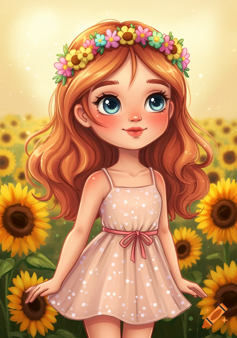 Illustration of a cute girl with a flower crown standing in a field of sunflowers.