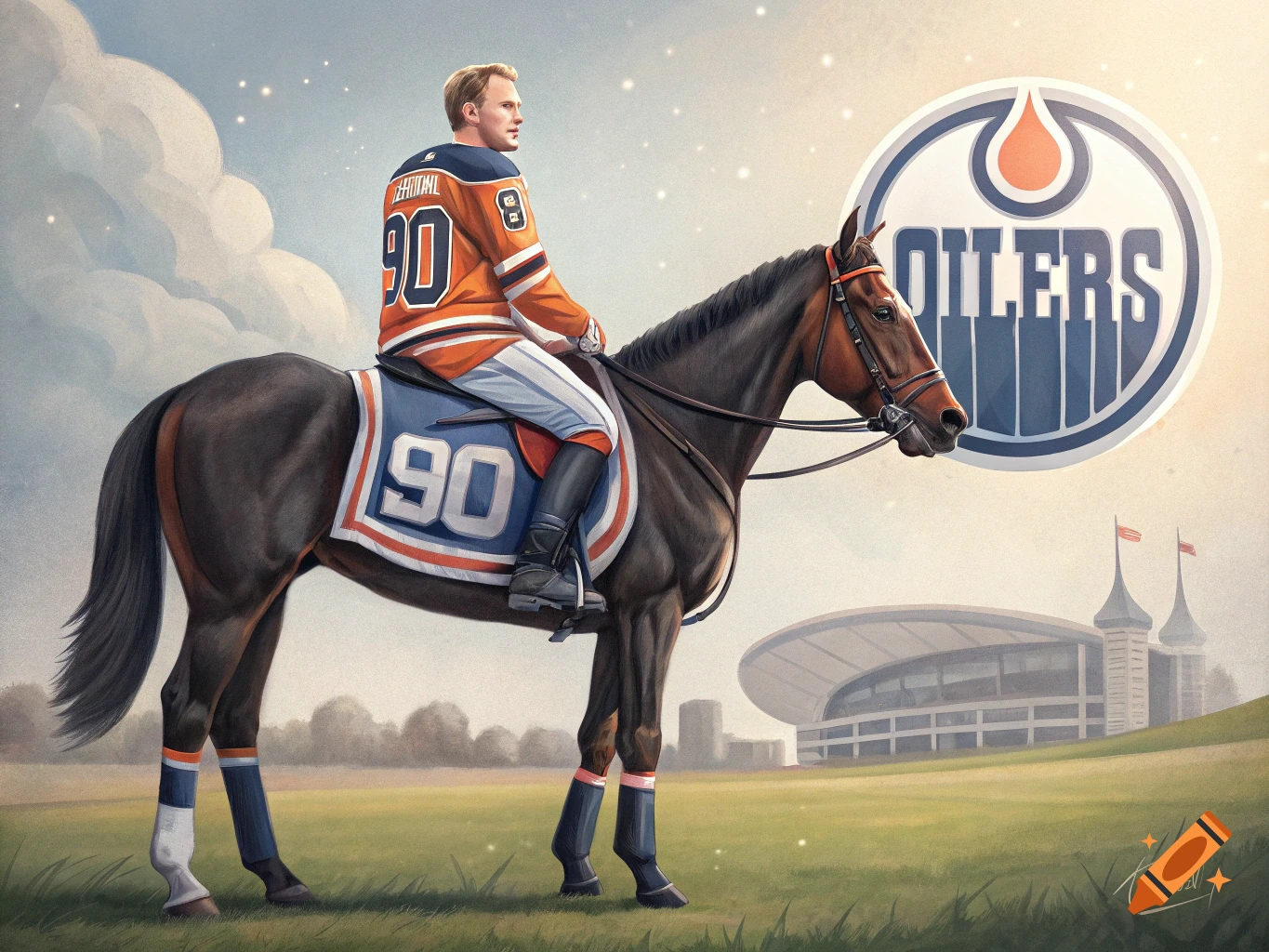 Man in Oilers jersey riding a horse with Oilers logo and stadium background.