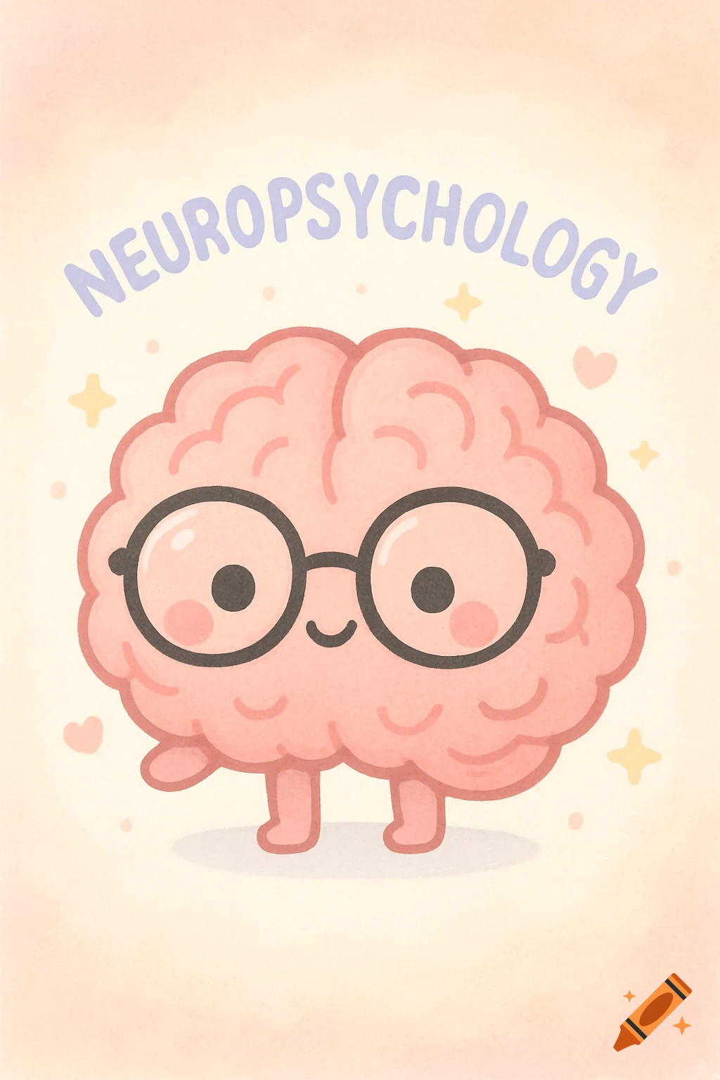 Cute cartoon brain with glasses and feet stands below the word 'NEUROPSYCHOLOGY' in pastel watercolor style.