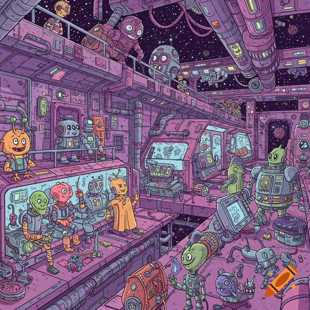 Animated space station interior with various cartoon aliens and robots.