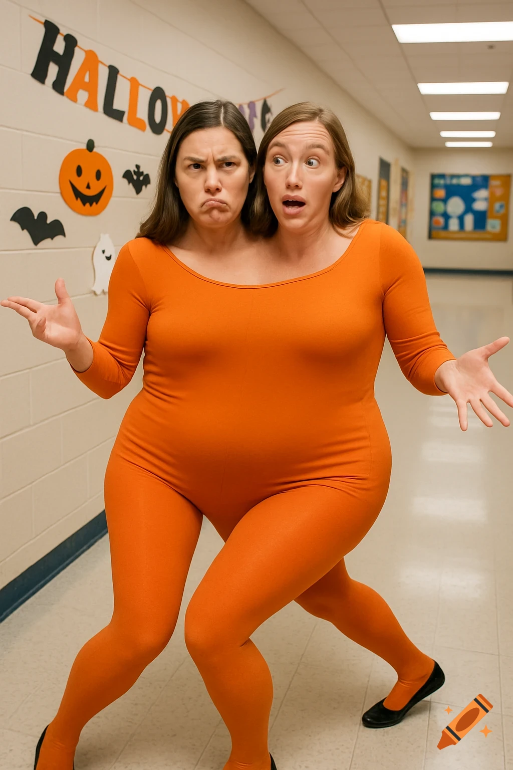 Two women in a two-headed Halloween costume pose at a school party.