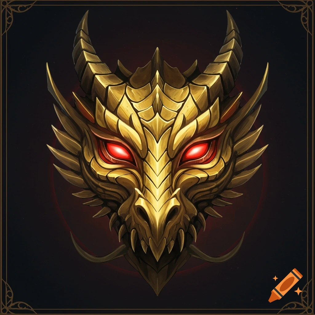 Golden dragon mask with metallic scales and glowing red eyes